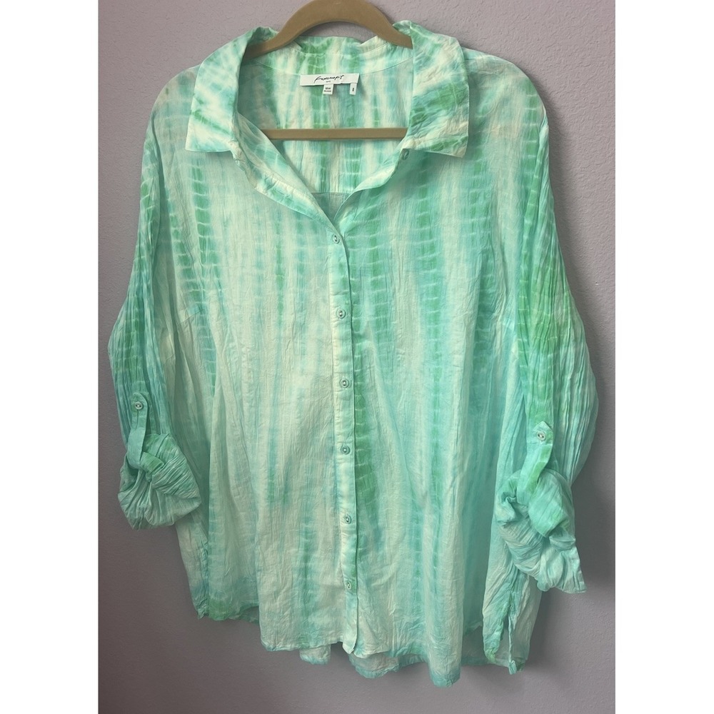 Foxcroft Green & White Tie Dye Button Up 100% Cotton Roll Tab Shirt Size 18W